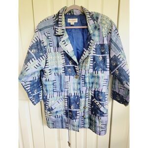 Marguerite Li M Silk Bold Print Lined Long Jacket Blazer Blues Shoulder Pads Vtg